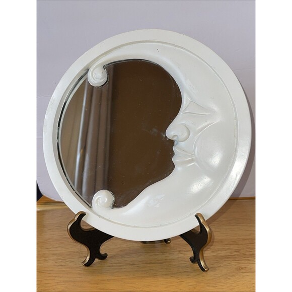 Crescent Moon Face  Mirror  Celestial Resin Heavy White 9.5” Vintage - Picture 3 of 6